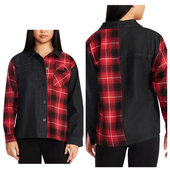 STEVE MADDEN GRUNGE RED AND BLACK BUTTON DOWN SHIRT JACKET DENIM/FLANNEL MIX PL… - Picture 2 of 12